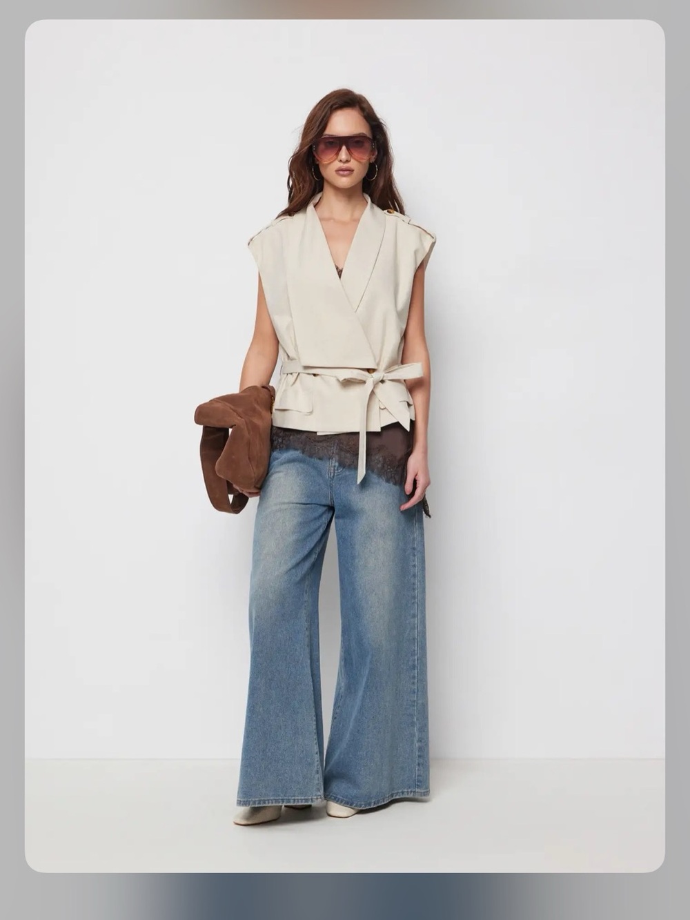 Cider LINEN-BLEND V-NECK WRAP BELTED OVERSIZED BLAZER VEST L WC9-6 - Picture 2 of 8